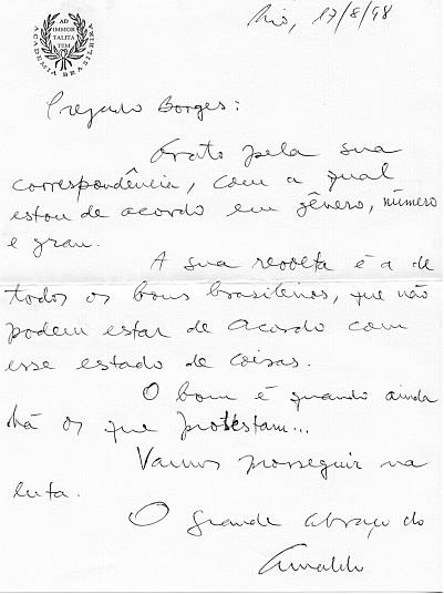 Carta de Arnaldo Niskier (ago. 1998)